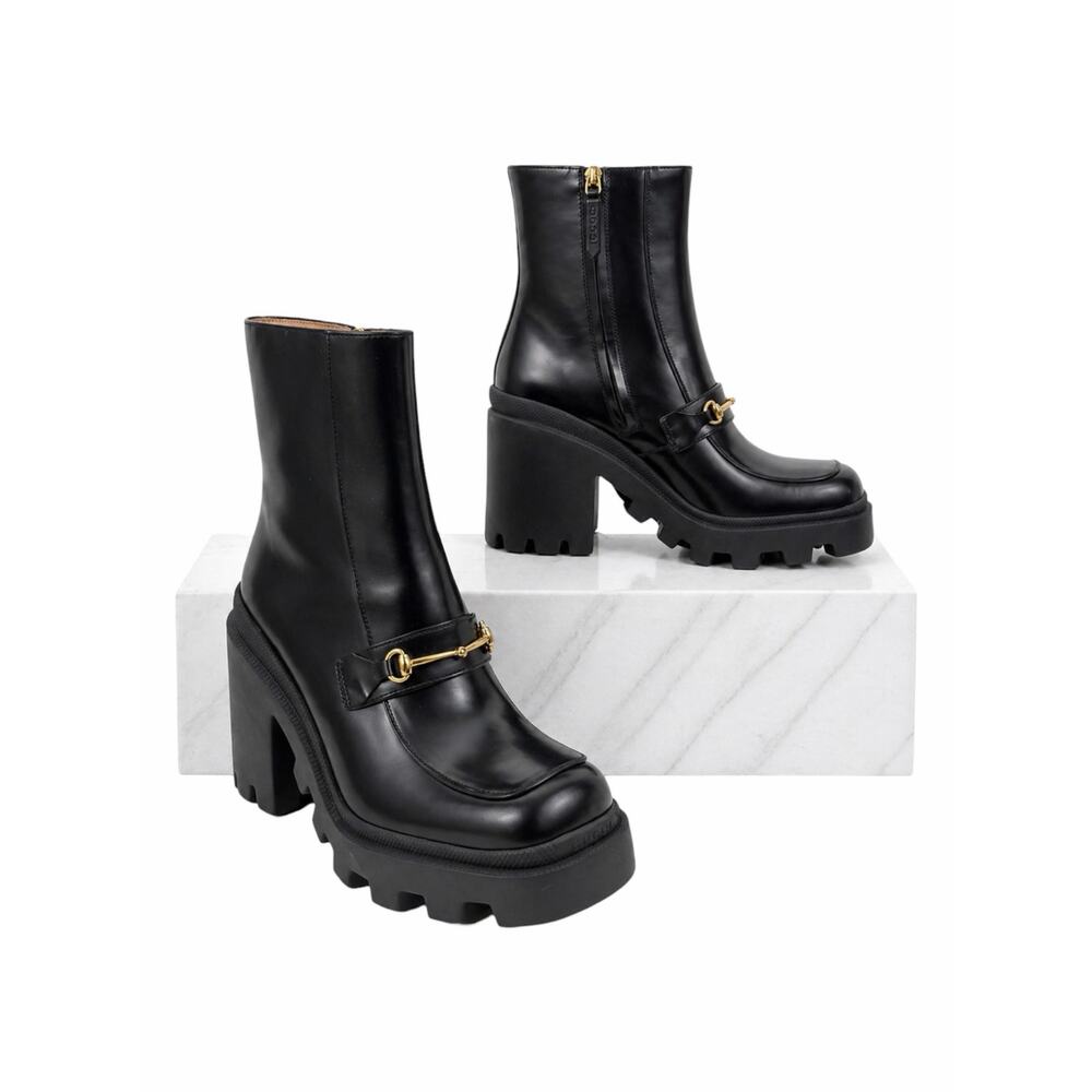 Gucci Magnum Calf Leather Horsebit Lug Sole Boots Black Size 40
